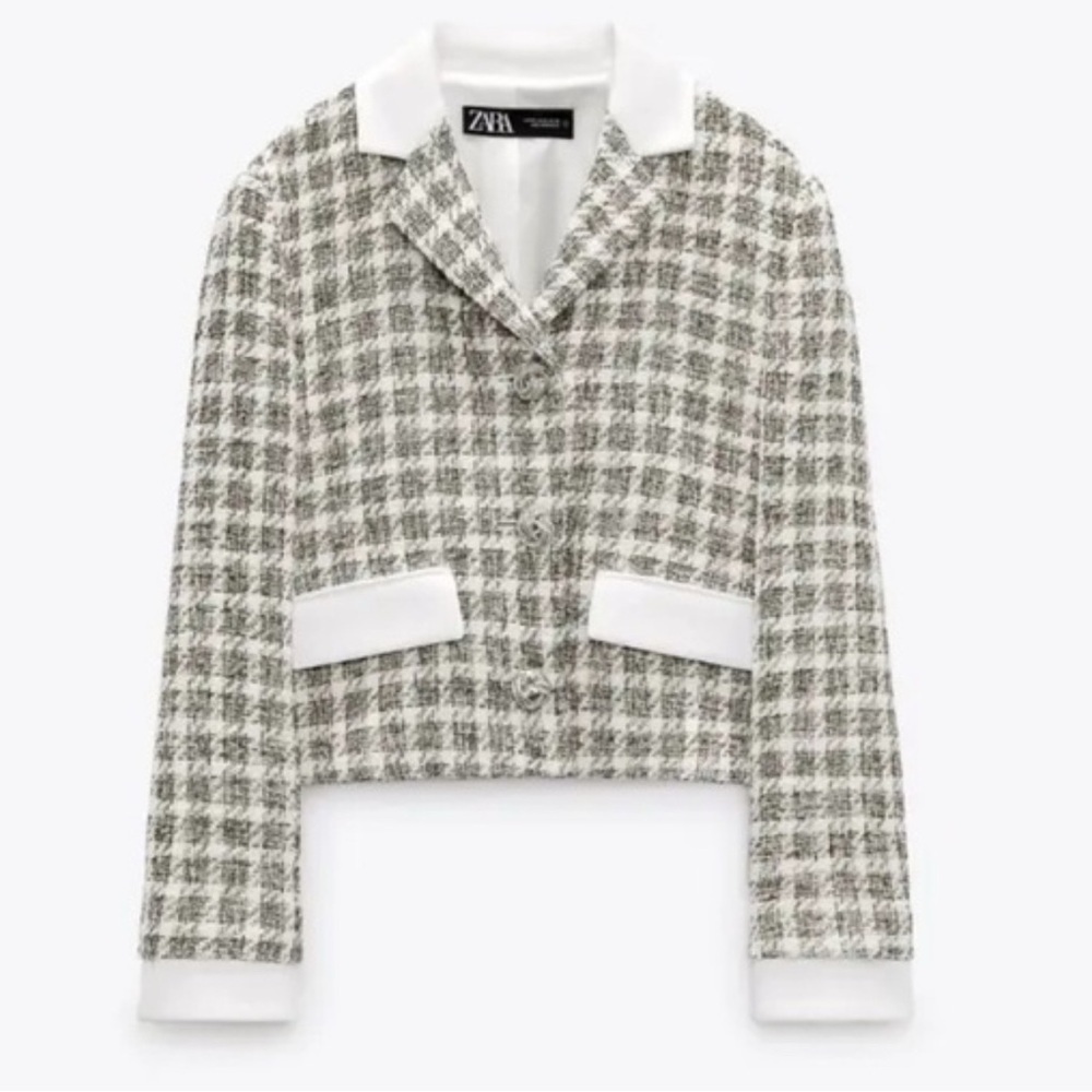 ZARA Women Tweed Cropped Blazer Jacket Houndstooth Cream Gray Size S